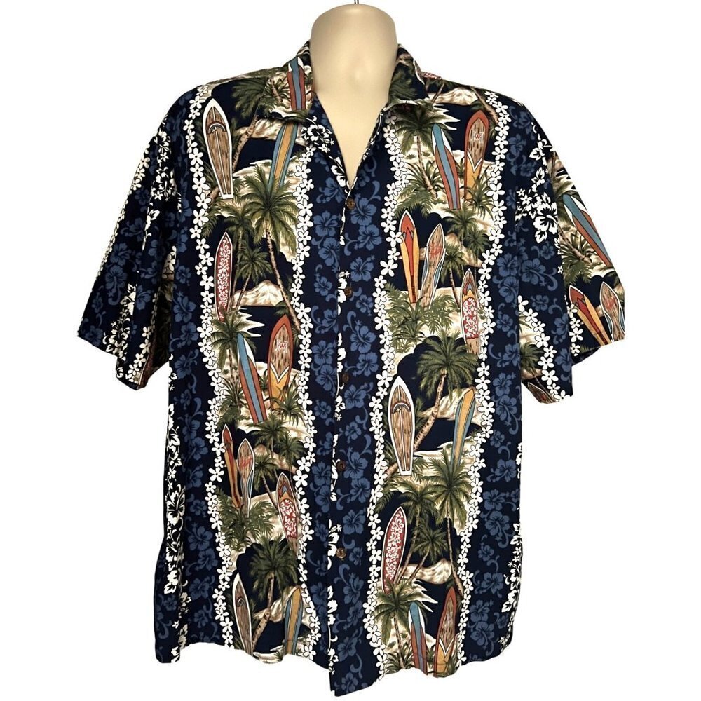 KYs Vintage Blue Floral Hawaiian Aloha Button Front Shirt 2XL Pocket Surfboards
